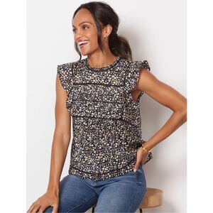 Rails Filomena Lace Inset Top Size XS Black‎ Floral Pleated Flutter Cap Sleeve